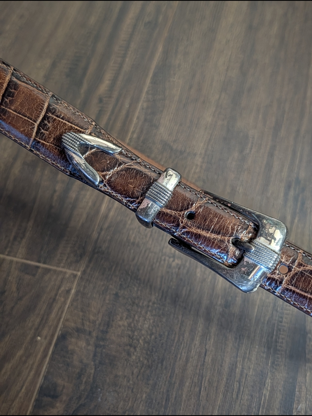Onyx by Brighton Brown Alligator Leather Belt with Silver Buckle, Keeper And Tip